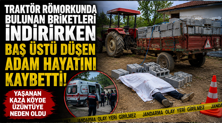 Traktör römorkunda bulunan briketleri indirirken baş üstü düşen adam hayatını kaybetti!